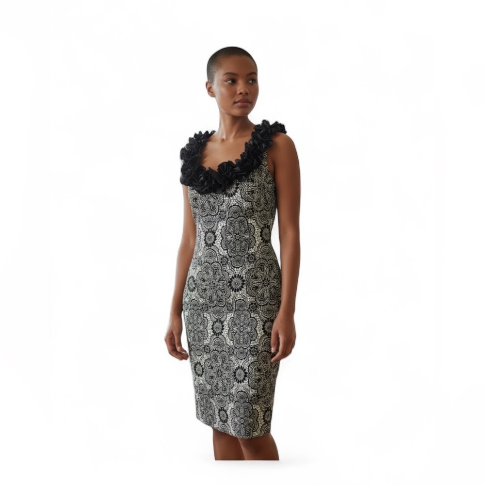 MAGGI LONDON FLORAL SHEATH COCKTAIL DRESS BLACK WHITE ROSETTE NECK SIZE 10 - Picture 6 of 9